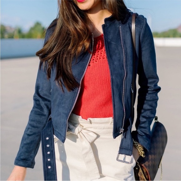 NWT BR Navy Vegan Suede Moto Belted Jacket Size Small - Picture 1 of 12
